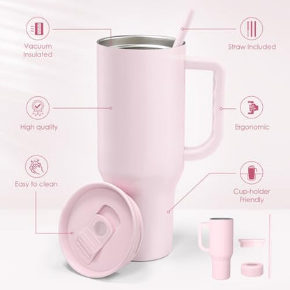 SANDJEST Light Pink 40oz Tumbler with Handle and Straw, Insulated Stainless Steel Travel Coffee Mug for Women Girls, Gift Idea for Birthday Christmas Mothers Day - color: Pink 1