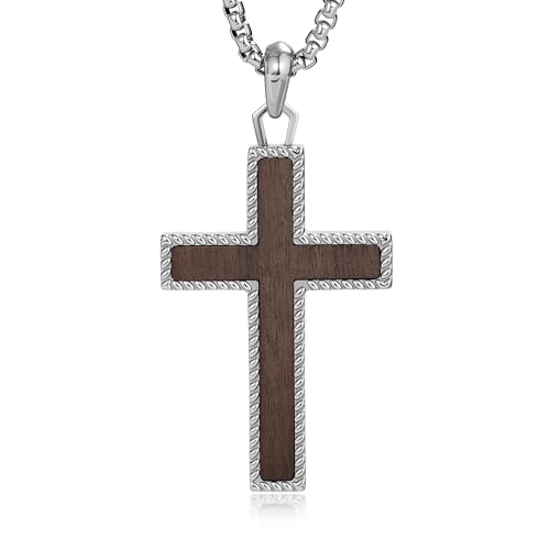 Wooden Cross Necklace for Men With Stainless steel And Black Ebony Adjustable Box Chain 24–26 inches Suitable for Everyday Wear And Christian Gifts for Men - color: Silver