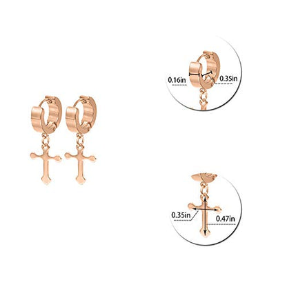 Men Women Stainless Steel Cross Earrings Set Dangle Hinged Earrings of Dangle Hinged Earrings Cross hoop Earrings - color: 5 Pairs Cross Earrings (Black+Silver+Gold+Rose god+blue) Korean style