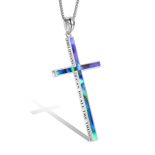 POPLYKE Cross Necklace 925 Sterling Silver Philippians 4:13 I Can Do All The Things Inspirational Necklace Gifts for Women Men 20+2'' - color: silver-Abalone
