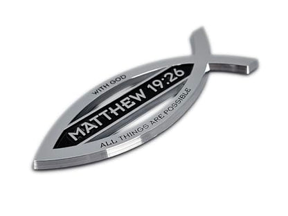 Elektroplate Christian Fish Matthew 19:26 with Verse OEM Chrome Emblem for Cars, Trucks, and All Auto | Universal Fit at 4" x 1.4" | Weatherproof - color: Matthew 19:26