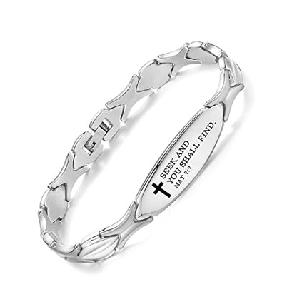 LinnaLove Bible Verse Bracelet - 316L Stainless Steel Silver Religious Gift for Her - style: Seek & Find - Matthew 7:7
