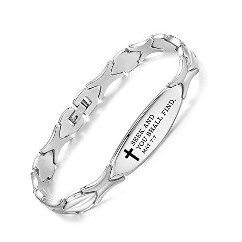 LinnaLove Bible Verse Bracelet - 316L Stainless Steel Silver Religious Gift for Her - style: Seek & Find - Matthew 7:7