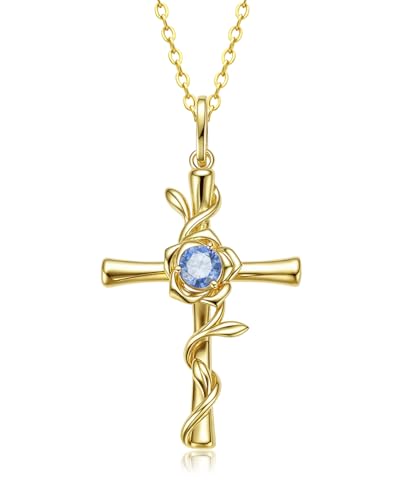 Birthstone Cross Pendant Necklace for Women, Solid 925 Sterling Silver Base