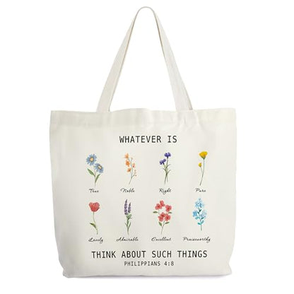 Christian Canvas Tote Bag for Women, Whatever Is Think About Such Things Bible Tote, Bible Verse Religious Gift Bag, Floral Library Book Bag, Inspirational Shoulder Bag Gifts for Women Friends -33