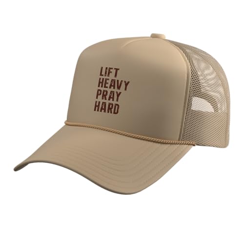 Lift Heavy Pray Hard Christian Faith Fitness Grunge Gym Trucker Hat with Adjustable Mesh Back - color: Khaki