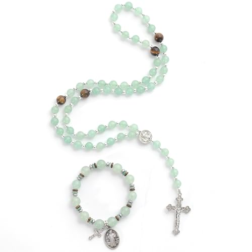 Rosary for Men Women, Natural Stone Beads with St. Benedict Bracelet - color: Green