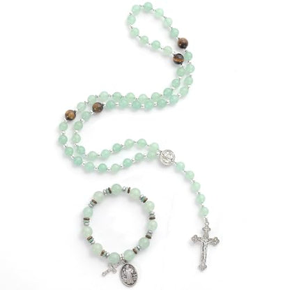 Rosary for Men Women, Natural Stone Beads with St. Benedict Bracelet - color: Green