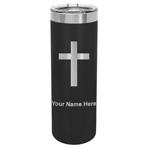 LaserGram Personalized 22oz Skinny Tumbler, Christian Cross (Black) - color: Black