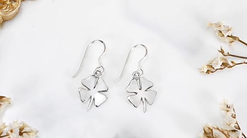 AeraVida Four Leaf Clover .925 Sterling Silver Dangle Earrings Polished Finish Lucky Symbol Fish Hook Lightweight Everyday Jewelry