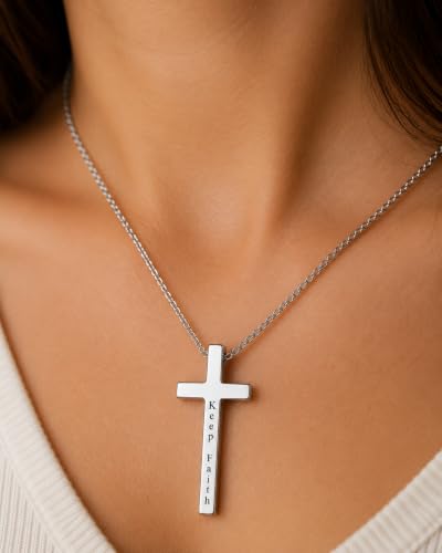 Engraved Cross Necklace for Men, Women & Boys & Girls Cross Necklace, Stainless Steel Cross Pendant Necklace, Faith & Inspiration Christian Jewelry Gift - color: Keep Faith