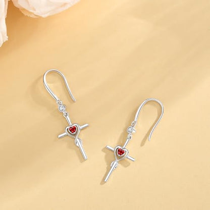 FANCIME Gift for Women Cross Dangle Drop Earrings 925 Sterling Silver Heart Birthstone Earring Fine Jewelry Birthday Gifts for Her Women - color: 01-Garnet