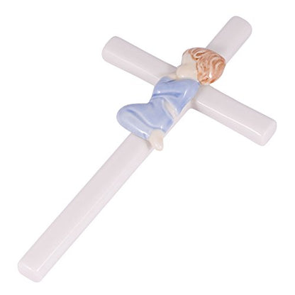 Praying Blue in Blue 7.5 Inch Hand-Painted Glazed White Porcelain Wall Cross