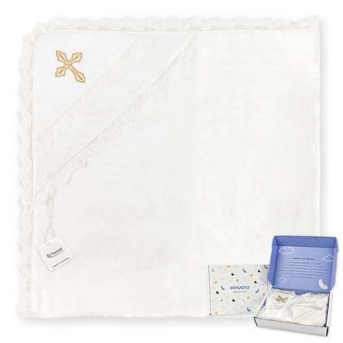 Silky Tencel Hooded Baptism Christening Blanket, Gold Cross, 40''x40 - color: White+ Gold Cross Embroidery