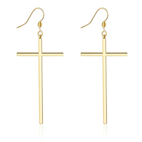 Jeka Hypoallergenic Stainless Steel Cross Earrings Long Dangle Minimalist Jewelry for Women Girls Family Friends Gifts - color: Gold