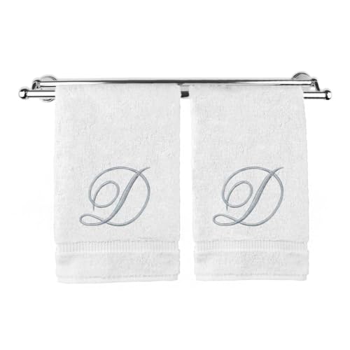 Pretty Monogrammed White Turkish Cotton Bath Hand Towel Set of 2 with Embroidered Silver Script D | 16"x 30" Soft Terry Finish Extra Absorbent Quick Dry Plush Luxury Bathroom Kitchen Spa Bath Towel