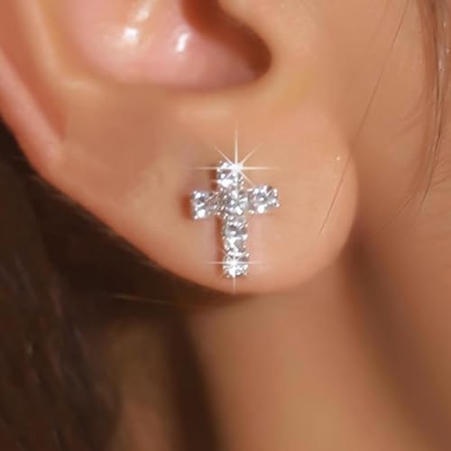 Cross Stud Earrings for Women Small Dainty Cross Earrings Tiny Sparkling Studs Silver Tone Faith Minimalist Simple Lightweight Everyday Fashion Jewelry - color: A1：Silver Cross Stud Earrings