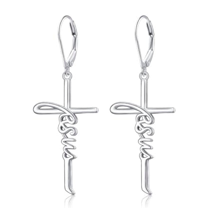 925 Sterling Silver Infinity Love of God Simple Dainty Faith Cross Dangle Earrings Religious Gift for Women - color: Jesus