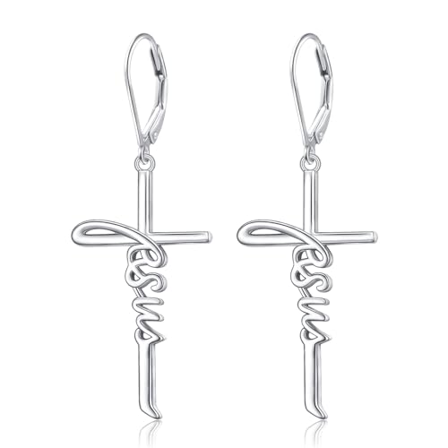 925 Sterling Silver Infinity Love of God Simple Dainty Faith Cross Dangle Earrings Religious Gift for Women - color: Jesus