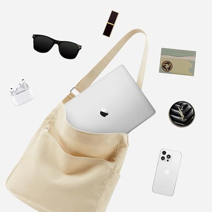 KALIDI Canvas Tote Bag Zipper Large Crossbody Shoulder Bag Messenger Bag - color: Beige