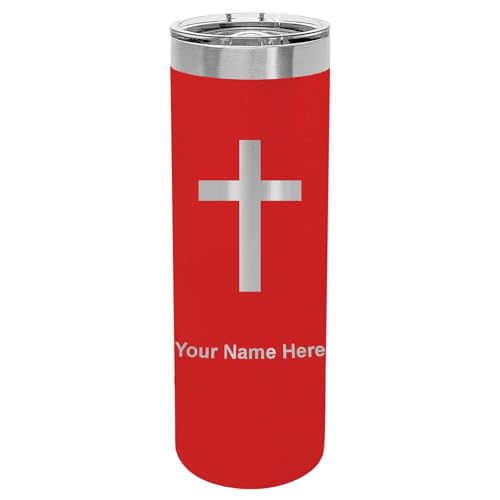 LaserGram Personalized 22oz Skinny Tumbler, Christian Cross (Red) - color: Red
