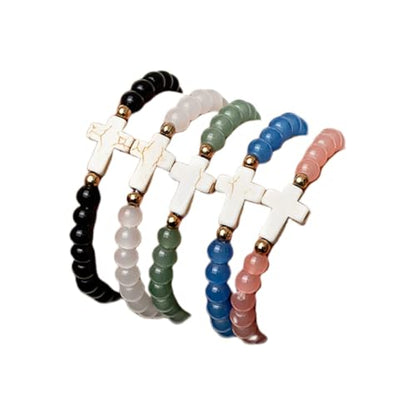 5Pcs Set Cross Beaded Crystal Turquoise Colorful Stretch Bracelet Christian Matching Strand Bracelet for Women Holiday Bohemian Boho Jewelry Multilayered Handmade - color: C