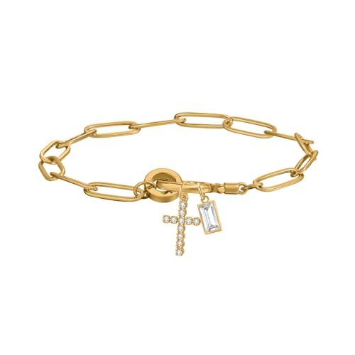 Paperclip Birthstone Cross Charm Bracelet – 18K Gold Plated Link Chain with Cross Charm & Personalized Birthstone, Adjustable Faith Jewelry Gift for Women, Baptism Confirmation Birthday - color: Apr - Diamond