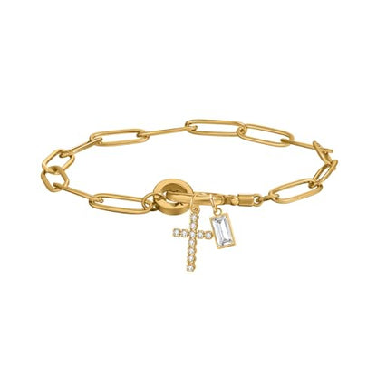 Paperclip Birthstone Cross Charm Bracelet – 18K Gold Plated Link Chain with Cross Charm & Personalized Birthstone, Adjustable Faith Jewelry Gift for Women, Baptism Confirmation Birthday - color: Apr - Diamond