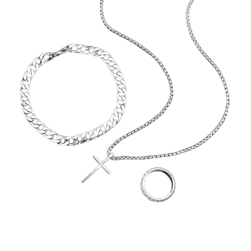 DATOA 3Pcs Cross Necklace Stainless Steel Chains Bracelet Ring for Men Silver Gold Black Pendant Minimalist Jewelry - color: Silver
