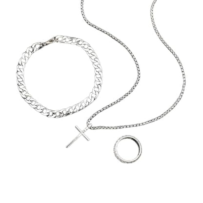 DATOA 3Pcs Cross Necklace Stainless Steel Chains Bracelet Ring for Men Silver Gold Black Pendant Minimalist Jewelry - color: Silver