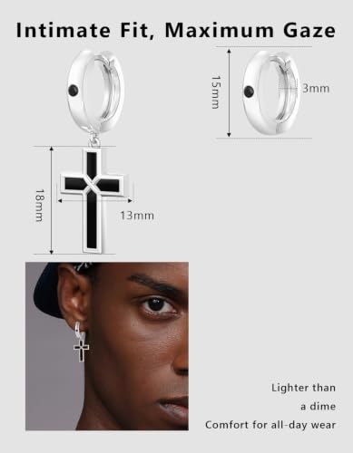 KRKC&CO Dangle Cross Earrings for Men, Sterling Silver Plated Black Drop - color: Silver-B