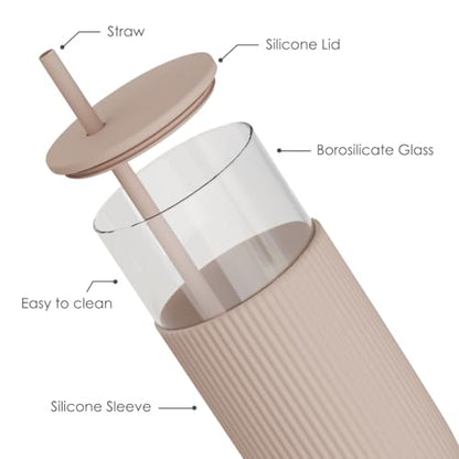 SANDJEST Glass Tumbler with Straw and Lid, Glass Water Bottle with Silicone Sleeve 20oz, Smoothie, Iced Coffee Cup, Gifts for Women Teen Girls Birthday Christmas (Light Brown) - color: Brown