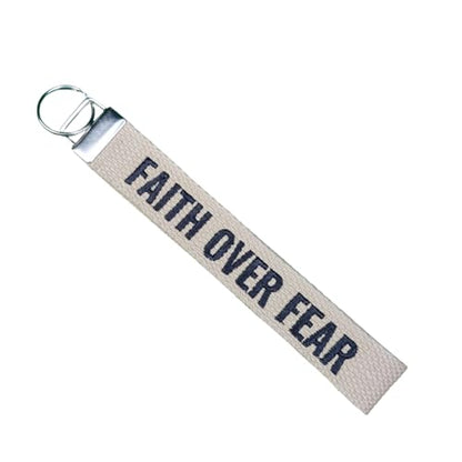 FAITH OVER FEAR embroidered keychain, Christian Gifts, Religious Gifts, Thanksgiving Gift - color: Camel Beige - White
