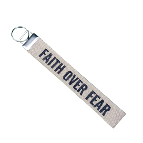 FAITH OVER FEAR embroidered keychain, Christian Gifts, Religious Gifts, Thanksgiving Gift - color: Camel Beige - White