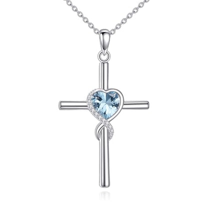 S925 Sterling Silver Cross Necklace for Women Birthstone Necklace Heart Infinity Cross Pendant Necklace Christmas Valentines Day Gifts Birthday Holiday Gifts for Her, 18"+2" Inches - color: 03-Mar Birthstone - Aquamarine