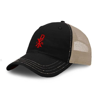 Custom Richardson Soft Mesh Cap Hat Embroidered Chi Rho with Alpha Omega Trucker Hats for Men & Women - color: Black Tan Design Only, size: One Size