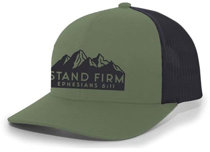 Trenz Shirt Company Mens Christian Hat Embroidered Stand Firm Ephesians 6:11 Scripture Mesh Back Trucker Hat - color: Loden/Black