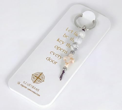 Christian Cross Keychain - Natural Stone Beaded Faith Gift for Baptism, Confirmation or Christmas - color: White