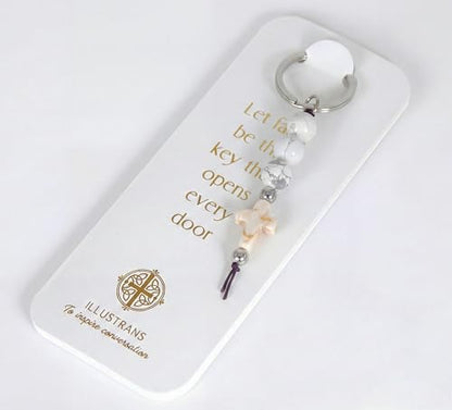 Christian Cross Keychain - Natural Stone Beaded Faith Gift for Baptism, Confirmation or Christmas - color: White