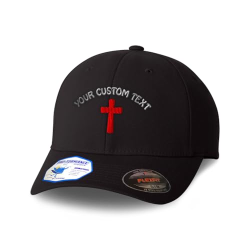 Flexfit Cap for Men & Women Embroidered Cone Cross Red Jesus Faith Christ God Flexfit Hats Baseball Caps - color: Black Personalized Text Here, size: Small-Medium