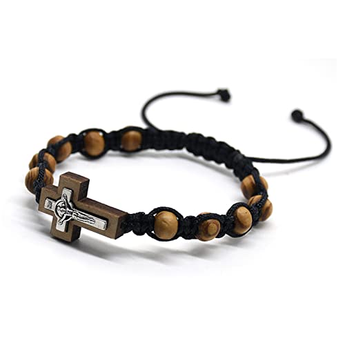 8MM Wood Rosary Bracelet, Adjustable Black Cord Catholic Cross