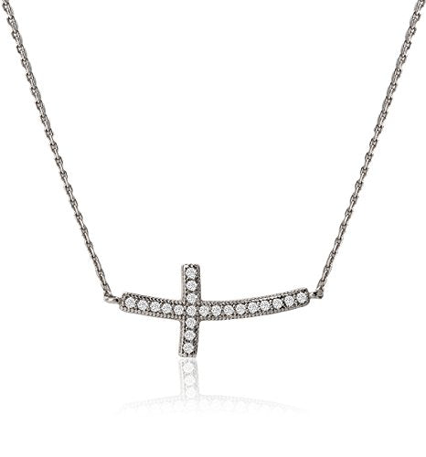 A+O Sideways Cross Necklace, Religious Gift in Silver, Rose Gold or Gold