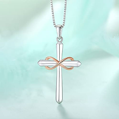 STARCHENIE Infinity Cross Necklace for Women Sterling Silver Polished Cross Pendant Crucifix Jewelry - color: Silver & Rose Gold