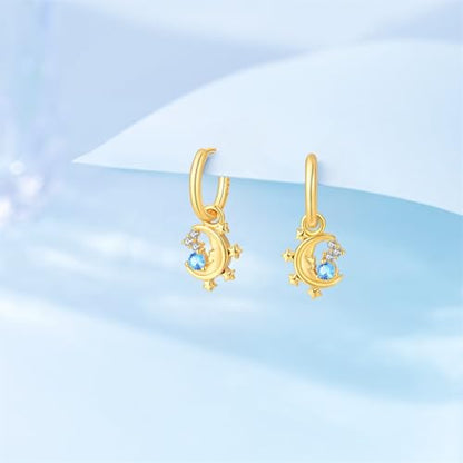 925 Sterling Silver Cute Animal Unique Huggie Hoop Earrings for Women - color: Gold Star Moon