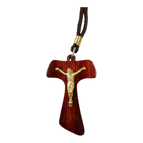 Catholica Shop Saint Francis Wooden Tau Cross Rope Necklace - 1.6 Inch - style: Crucifix