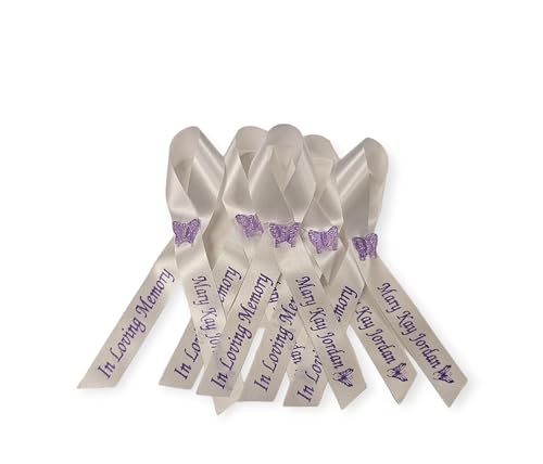 Personalized Memorial Service Funeral Ribbon Pins 20 Cross Religious Celebration of Life Custom Made Awareness Remembrance Anniversary Death Cross Sympathy Name Angel - color: White