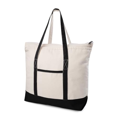 Canvas Tote Bag with Zipper & External Pocket, Reusable Grocery Shopping Tote Bag with Handles for Groceries - color: Black