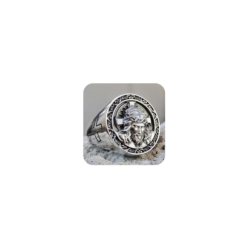 Koguxuix Vintage Silver Christian Catholic Jesus Cross Rings for Men Religious Lords Prayer Signet Band Ring for Baptism Christmas Communion Easter Size 7-13(10) - size: 10