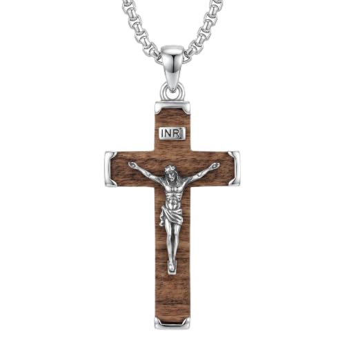 Cross Necklace for Men 925 Sterling Silver & Wood Cross Pendant with Stainless Steel Chain Cross Necklace for Men Women Christian Jewelry Gift - color: Crucifix
