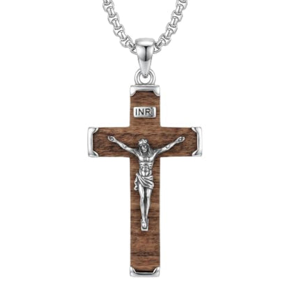 Cross Necklace for Men 925 Sterling Silver & Wood Cross Pendant with Stainless Steel Chain Cross Necklace for Men Women Christian Jewelry Gift - color: Crucifix